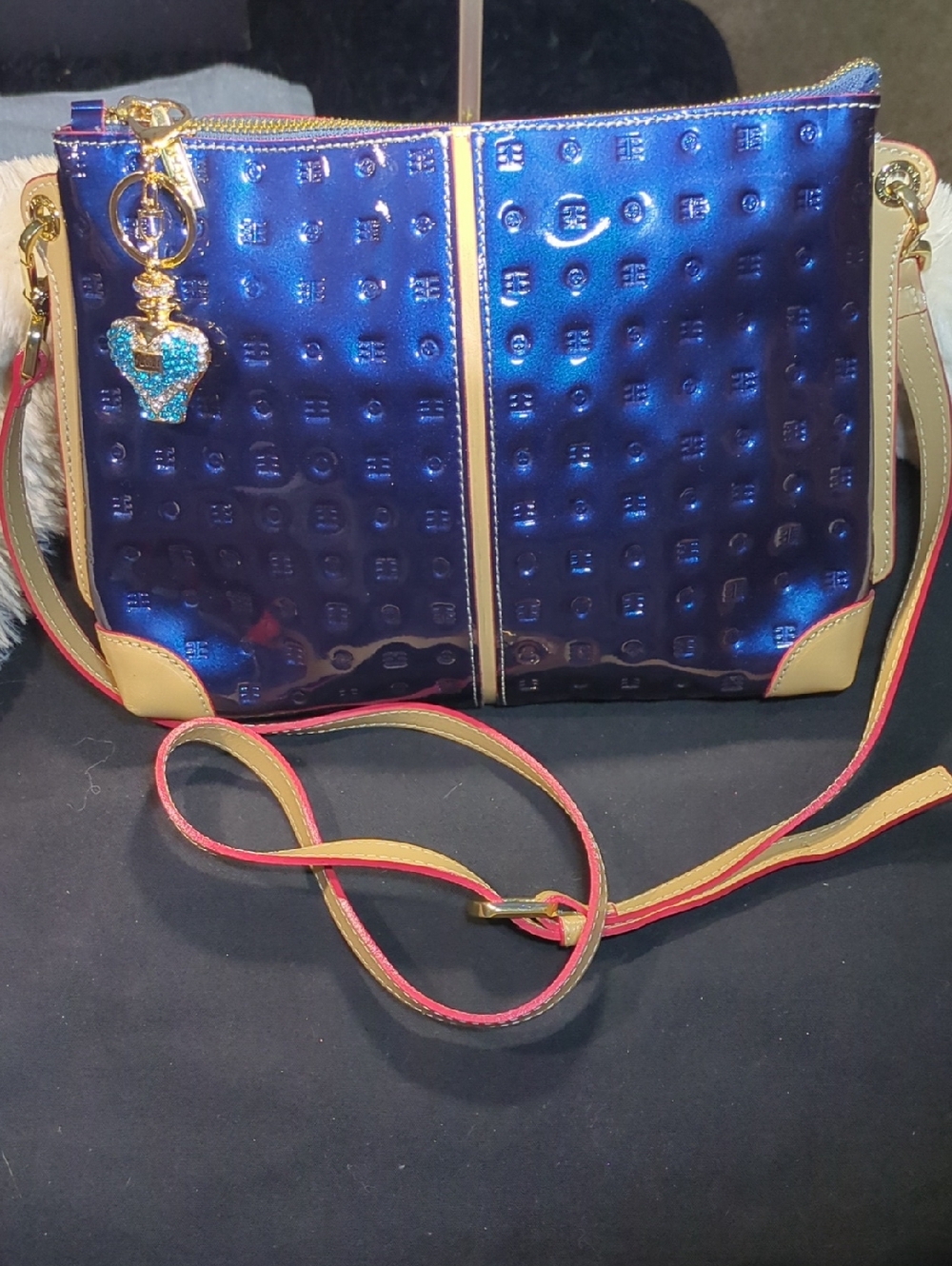 Arcadia Made In Italy Metallic Blue Crossbody Bag w/ Tan & Red Accent Strap $110